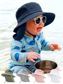 婴幼儿遮阳帽，宽檐渔夫帽，带颈带，春夏海滩度假必备 - 1PC - 查看 1