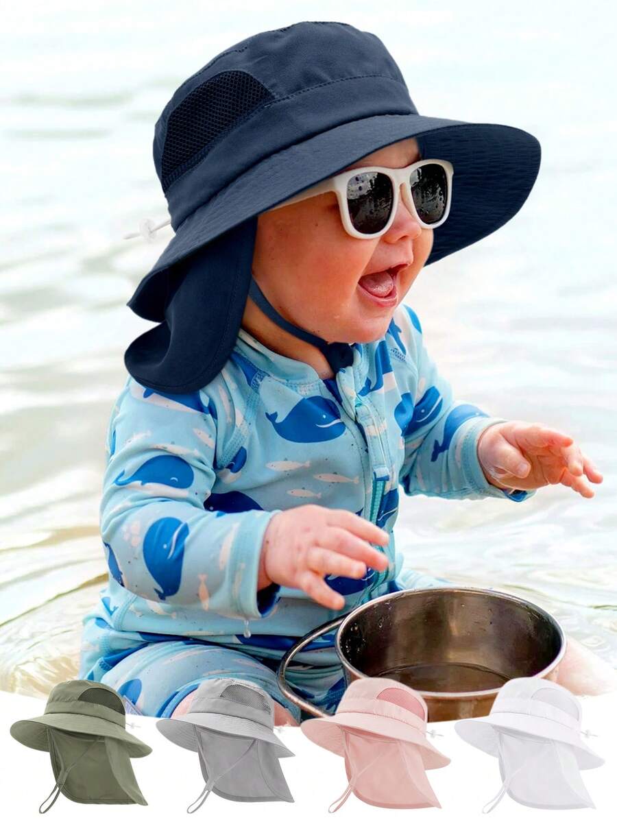 婴幼儿遮阳帽，宽檐渔夫帽，带颈带，春夏海滩度假必备 - 1PC - 查看 1