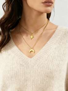 2pcs/Set Fashion Items, Gold Layered Moon & Star Pendant Necklace, Ramadan & Eid Festival Accessories, Minimalist Chic Y2K Aesthetics, Adjustable Layering, Suitable For Daily Wear, Eid Celebration And Gift - Multicolor - View 9