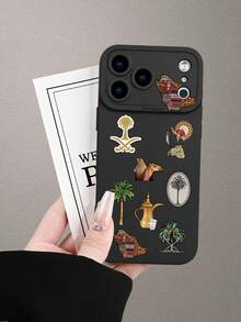 Cute Luxury Middle East Elements Shockproof Fashion Phone Case Middle East Fashionable Popular Personalized Regional Cultural Elements (Palm Tree, Camel, Traditional Utensil) Collage Pattern Design Theme Aesthetic Lens Protrusion Protection Compatible With IPhone /Galaxy International Version Not The Domestic Version Spring Gift - Black - View 6