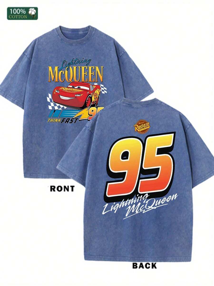Disney Retro T-Shirts, Lightning McQueen Racing Story Short Sleeves, 100% Cotton Washed Adult Models, Unisex Party Clothes (Machine Washable) Official Gifts, Casual Summer Wear - Xanh đậm - Xem 1