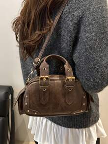 Women's Fashion Chic Motorcycle Style Mini Boston Handbag, Shoulder & Crossbody Bag - Coffee - View 3