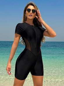 Swmmer Liket Solid Color With Contrasting Colors And Thin Edges And Spliced ​​Mesh Short-Sleeved Four-Corner Sports One-Piece Surf Suit For Beach Vocation - 黑色 - 查看 1