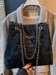 Large Capacity Fashion Tote Bag, Padded, Embroidered Quilted, Soft, Winter Chain Strap Shoulder Crossbody Bag For Women - Black - View 2