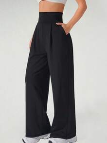 3-Piece Pantalones Deportivos De Pierna Ancha Con Bolsillos Plisados Y Cintura Alta De Color Sólido Para Mujer Con Diseño De Pierna Ancha, Con Bolsillos, Pantalones Casuales De Cintura Alta Y Pierna Ancha Para Ejercicio Cómodos, A Menudo Casuales En Primavera, Otoño E Invierno. - 彩色 - 查看 3