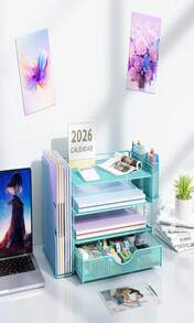 Gianotter Desk Organizers And Accessories With File Holder, 4-Tier Desk Accessories &Amp; Workspace Organizers With Drawer And 2 Pen Holder, Paper Organizer For Office Supplies (Blue) - MàuB - Xem 7