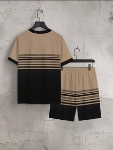Set 2 buc pantaloni scurți cu mânecă scurtă, blocuri de culoare, la modă pentru bărbați, design kaki cu dungi negre cu decor de cal, ținută sport casual, confortabilă, respirabilă, ușor de asortat, potrivită pentru diverse ocazii - Multicolor - Vizualizare 4