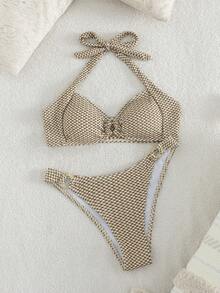 新款女士比基尼泳衣套装，性感扭结露背沙滩度假装 - 米棕色 - 查看 5