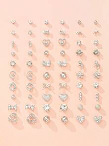 30 Pairs Assorted Shiny Earring Set, Includes Bow, Heart, Teardrop, Rhinestone Designs, Metal Earrings Combination, Suitable For Daily Wear, Dates, Outings, Holiday Gift For Women - Silver - View 1