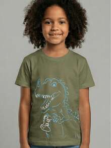 Camiseta Infantil Barata Dinossauro Confortável Algodão - Verde Militar - Visão 2