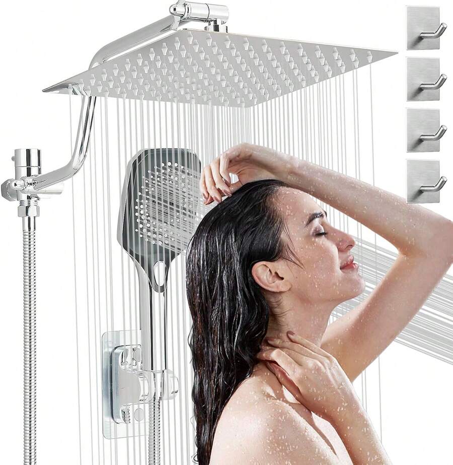 High Pressure Rain Shower Head For Bathroom, 8" Rain Shower Head, 5 Spray Modes Hand Shower, Adjustable With Holder, Leak-Proof, 1.5m Hose (Silver/Matte Black) - Hợp kim crom - với tay nối dài có thể uốn cong và 4 móc. - Xem 1