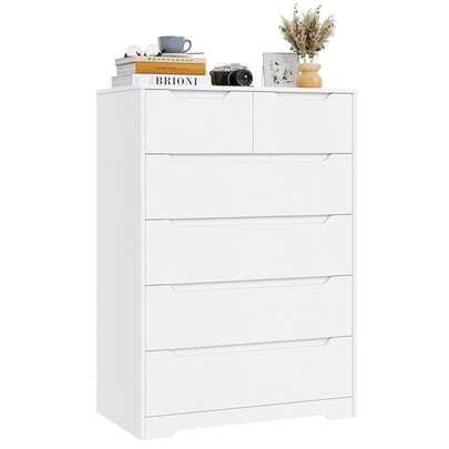 White Chest Of Drawers, 6 Drawer With Curved Groove Handle, Tall Dresser Bedside Table Storage Cabinet