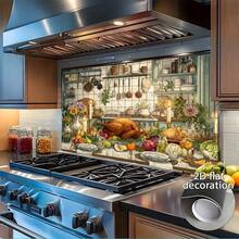 1-Piece 2D Flat Design Depicts A Sumptuous Kitchen Feast, Including Roast Chicken, Fruits And Vegetables, And Tableware. The Realistic Style Showcases A Lively And Satisfying Dining Atmosphere. Made Of PVC, This Kitchen Wall Sticker Is Easy To Apply, And Features A 2D Flat Effect - Style 1 - View 4