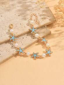 1pc Handmade Jewelry Anklet, Featuring Alloy Enamel Shiny Blue Starfish Paired With Classic Faux Pearl, Fashionable And Versatile For Daily Wear, Beach Party, Date, Travel - Multicolor - View 2