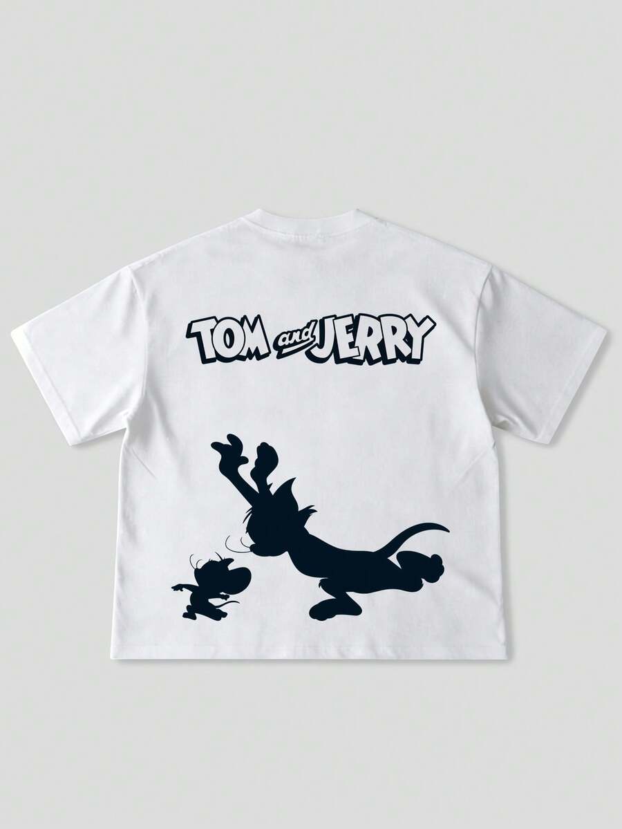 Strevion OBM Men X TOM & JERRY Camiseta de manga corta con cuello redondo y estampado gráfico minimalista de Tom y Jerry para hombre, verano - Blanco - Ver 1
