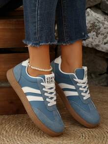 女士休闲百搭豹纹印花运动鞋，时尚醒目舒适橡胶软底运动鞋，透气轻便拼接女士运动鞋 - 藍色 - 查看 3