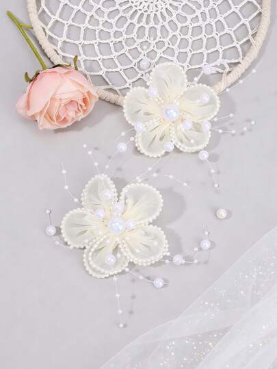 2个网状花朵发夹，仿珍珠装饰，鳄鱼夹，简约风格，适合节日、日常休闲佩戴和假日装扮，青少年发饰