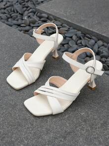 Square Toe Chunky Heel Sandals, Suitable For Teenage Girls Daily Wear, Featuring Criss-Cross And Ankle Straps - White - View 8