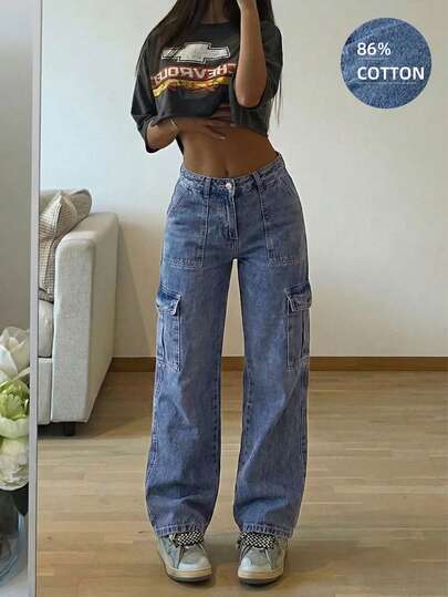 Vintage Blue Loose Fit Wide Leg Jeans For Women, Casual, Flattering, Versatile, Spring And Summer New Arrival, Straight Cut