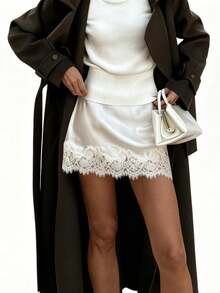 2026 Women Lace Trim Silk Mini Skirt Lacy Satin A Line Half Silp Short Skirt Cute High Waist Underskirt - 香檳色 - 查看 1