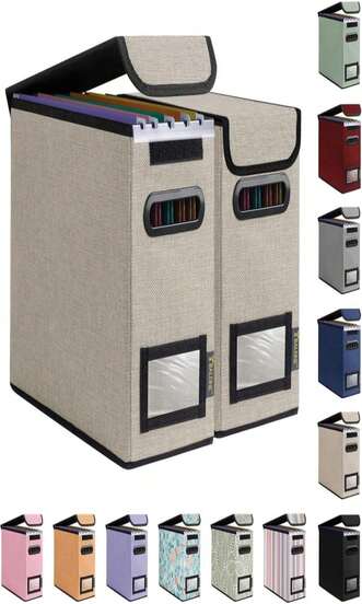 Caja organizadora de archivos BALEINE con tapa, organizador de carpetas de archivos plegable con deslizador de plástico, caja organizadora de carpetas colgantes para almacenamiento de documentos de oficina (2 unidades, beige, S)