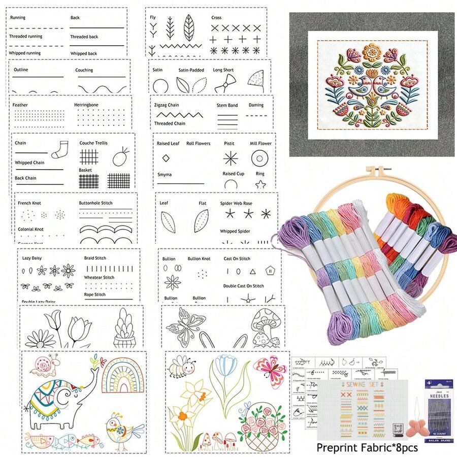 9-Piece Preprinted Embroidery Kit For Starters, Beginner Hand Embroidery Stitch Book, DIY Creative Sewing Kit With Stitch Book & Detailed Patterns - A - View 1