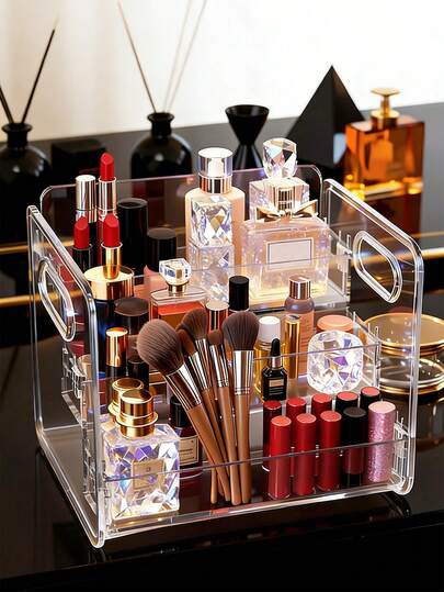 1个透明化妆品收纳盒，现代轻奢风格桌面收纳架，三层展示架，用于整理和放置香水、口红、发胶、粉底液、护肤品等。
