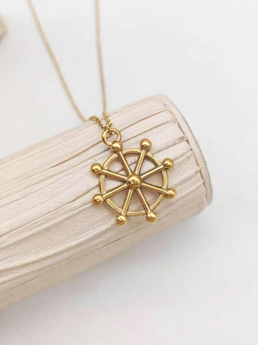 1件18K镀金不锈钢维京罗盘轮锚吊坠项链，时尚百搭的男女通用硬币徽章设计 - 金黃色 - 查看 1