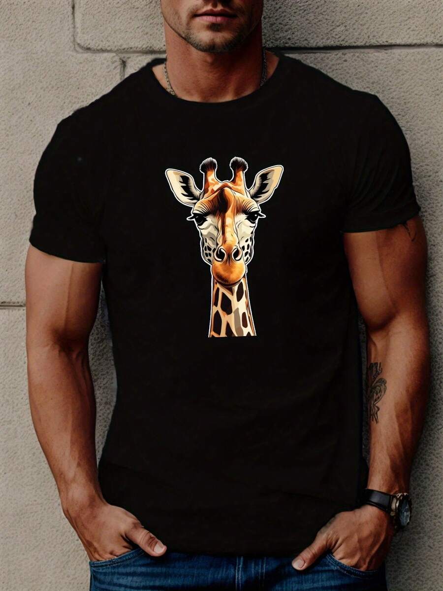 Giraffe  Men's Short Sleeve T-Shirt Summer T-Shirt Top - Black - View 1