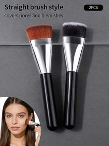 2pcs Dual-Tone Powder Brush Set, Soft Flat Top Blush Brush For Smooth, Even Makeup Coverage, Daily Use - Black - View 3