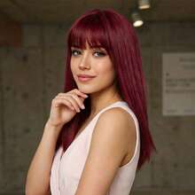 17.71 Inch (45CM) Wine Red Shoulder-Length Medium Straight Wig With Bangs For Women, Multi-Layered Synthetic Hair Wig With Face-Framing Curtain Bangs, Heat Resistant Adjustable Cap, Natural Hair Parting, Easy To Style For Daily Wear, Party & Cosplay - 酒紅色 - 查看 5