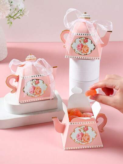 10pcs Vintage Floral Teapot Paper Gift Boxes With Ribbons,Wedding Gift Packaging Box,Candy Box, Treat Box,Tea Party Favor Boxes,Tea Party Decor,Birthday Gift Wrappping Supplies,Bridal Shower Gift Wrap Box,Rustic Wedding Table Decor,Spring Holiday Party Gift Packaging Decor,Birthday Gift,Party Favor Box