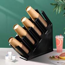 Soporte de plástico desechable para tazas de café, dispensador de tapa con or*ganizador de pajita, ajuste de 4 compartimentos, Countertop Or*g,dispensador de tazas de café para encimera, estación de café, bar - Negro - Ver 4