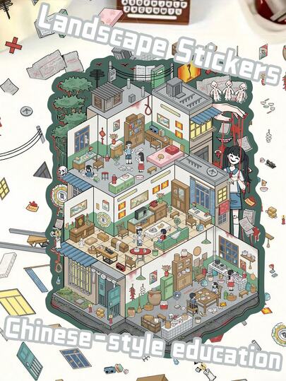 中国教育场景贴纸手册贴纸 3D立体小屋微缩场景贴纸 一次性场景设计，适用于塑料和金属表面，是冬季和新年活动的理想之选