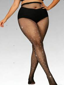2pcs Women's Rhinestone Embellished Black Fishnet Tights, Stretchy Skinny Mesh Stockings, Shiny Clubwear Goth Fashion Versatile - Black - View 5