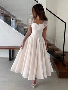 Vestido de novia de princesa de gasa plisada con cremallera de unicolor elegante para fiesta - albaricoque claro - View 2