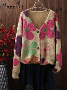 女士印花貂绒V领纽扣开衫毛衣，新款休闲宽松针织印花短款外套 - 彩色 - 查看 1