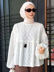 Livesso Women's Round Neck Embroidered Loose Casual Sweet 3D Embroidered Ruffle Hem Patchwork Loose Blouse Top, White Long Sleeve - White - View 2