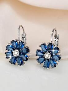 1 par de Belos Brincos de Argola com Flores Azuis Criativas, Zircônia Cúbica Requintada, Brinco Divertido para Meninas, Decoração Diária, Joias de Cobre - flor - Visão 5