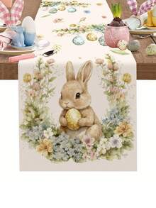 1pc Easter Table Runner, Featuring Rabbit, Eggs And Floral Patterns, 35*180cm Polyester Material, Farmhouse Style Easter Table Runner, 2026 Easter Home Decor, Kitchen Dining Table Decoration, Spring Holiday Decor - Multicolor - View 5