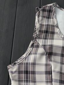 女士优雅格子印花无袖V领背心，春夏休闲款 - 灰格 - 查看 4