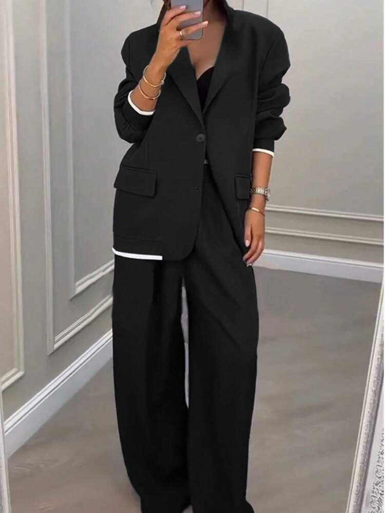 Elegant Women's Solid Color Patchwork Contrast Ribbed Pocket Zipper Button Office Suit Set, Suitable For Commuting And Casual Daily Wear Black - Black - View 4