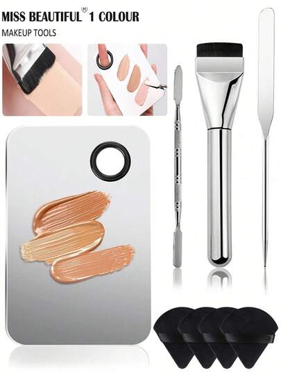 8件套/4件套/1件套专业不锈钢化妆调色盘套装，女士化妆工具，包含调色盘、调色刮刀、粉底刮刀、粉底刷、眼影棒、化妆刮刀。适用于睫毛妆容和专业颜料调配。半套，化妆品，价格实惠，可用于房间装饰、梳妆台、旅行、卧室等场合，是化妆配件的理想之选。