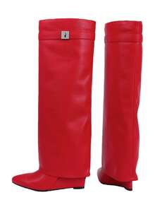 Women's Fold Over Shark Boots Pointy Pull-On Wide Calf Boots Shark Padlock Nightclub Elegant Luxury Fashion WInter Fall Shoes - 紅色 - 查看 7