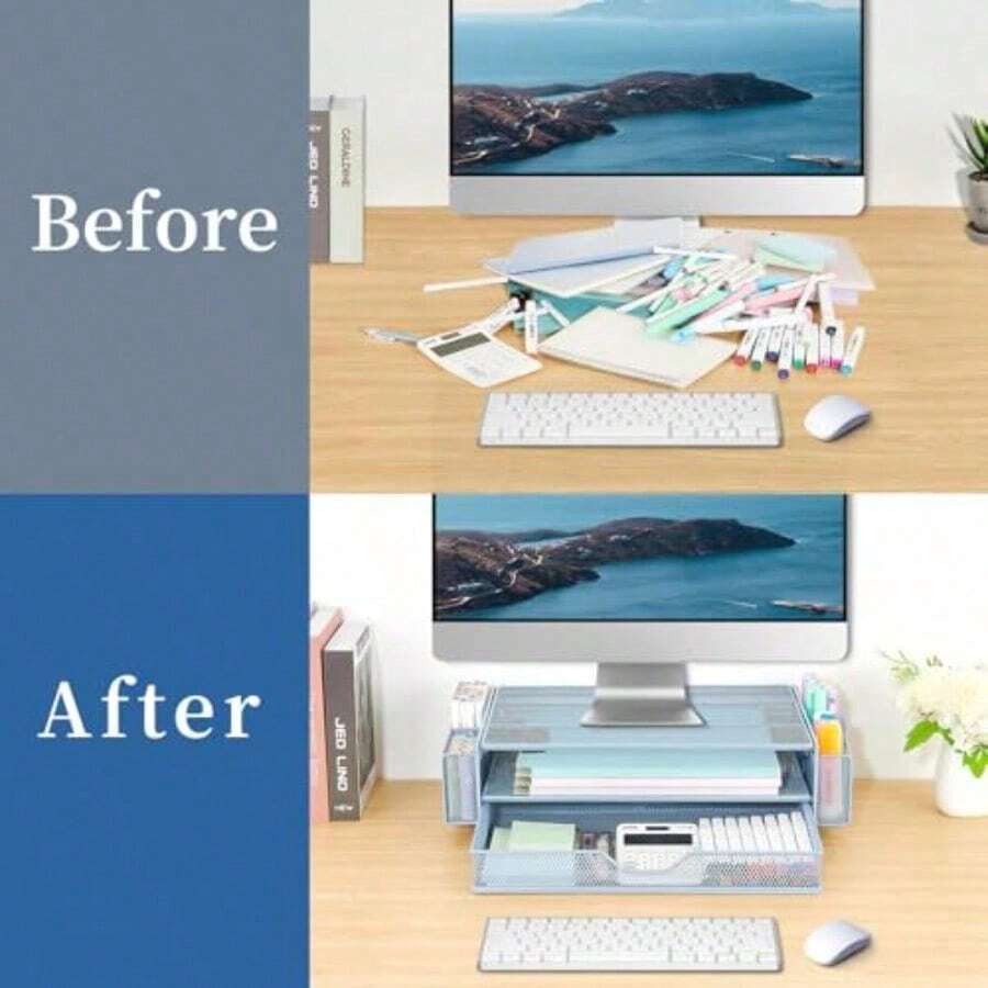 Soporte para monitor de computadora con organizador de escritorio de 2 niveles, incluye cajones y 2 porta lápices, accesorio funcional para suministros de oficina-003 - Azul - Ver 1