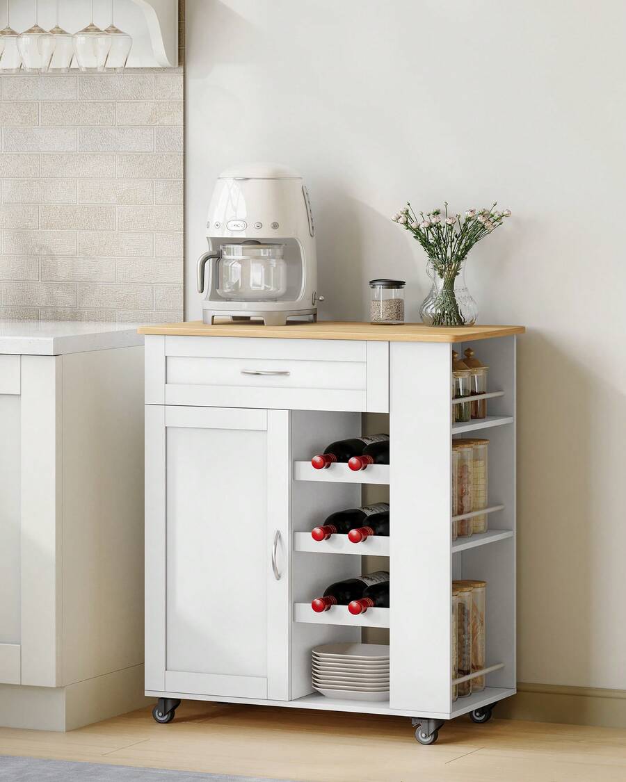 HaluPeit Serving Trolley With 3-Tier Wine Rack, Kitchen Trolley With Wheels, 3-Tier Storage Shelf, Wine Rack, For Kitchen, Living Rooms And Dining Rooms & Outdoor Use, 68 * 86 * 40 Cm - 白色 - 查看 1