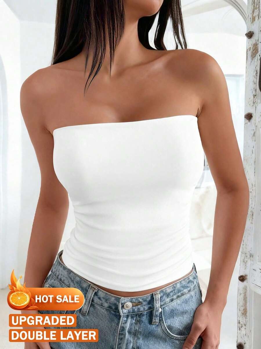 Vaiaye 女士加大码性感无肩带基础款吊带背心，时尚纯色弹力修身抹胸上衣，适合所有季节，是情人节白色夏季的理想之选 - 白色 - 查看 1
