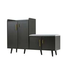 Moderner Schuhbänke Mit Schwarzwalnussholz, , Schuhschrank, Ausgestattet Mit Vier Aufbewahrungstüren, Asymmetrischen Metallgriffen, B120/D34/H82 - Black + Dark Walnut - View 5