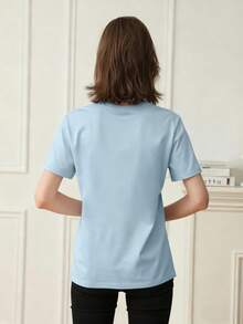 女士夏季新款简约时尚标语印花休闲度假风宽松圆领短袖T恤，时尚日常上衣，适合日常和度假穿着。女士T恤上衣。 - 淺藍色 - 查看 8