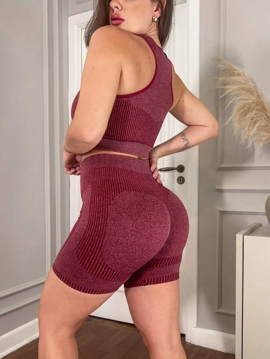 Premium Fitness Set: Shorts And Butt-Lifting Top, Zero Transparency. - Maroon - View 1